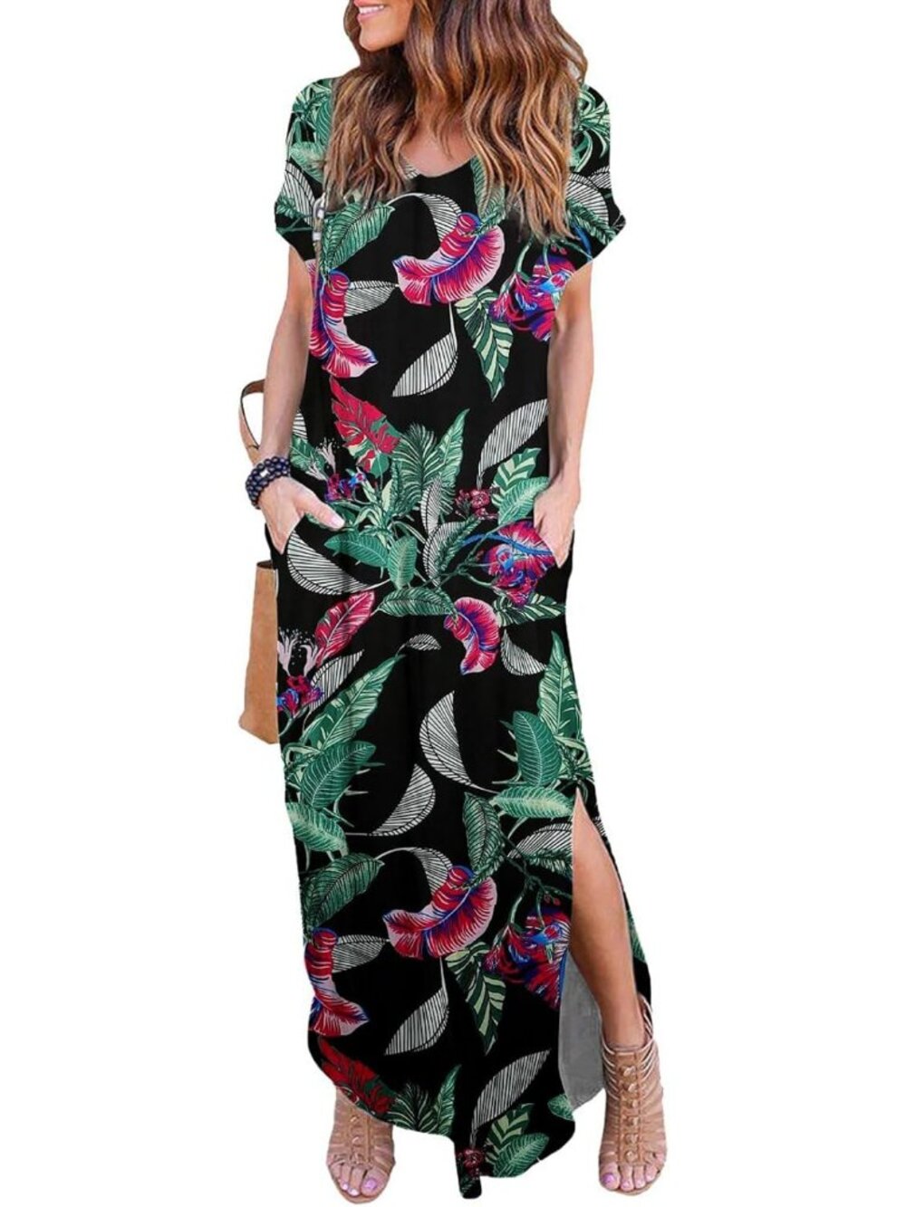 Women's Leaves Summer Maxi Long Dress Casual Loose Short Sleeve Split Pocket